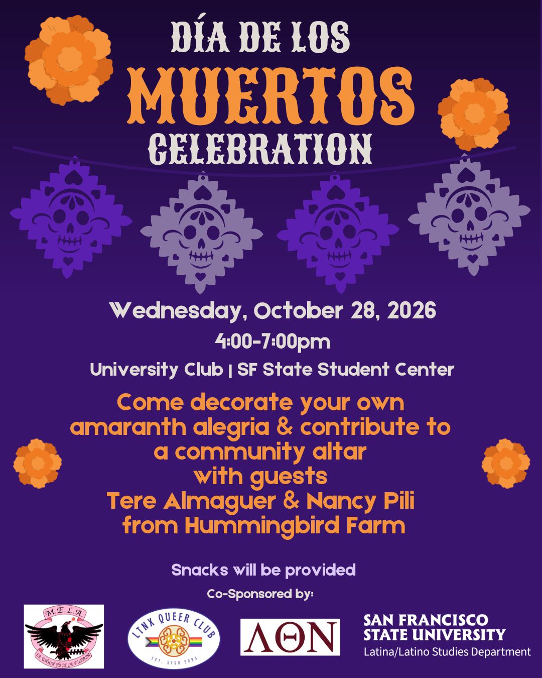 Flyer for Dia de Los Muertos Amaranth Alegria event
