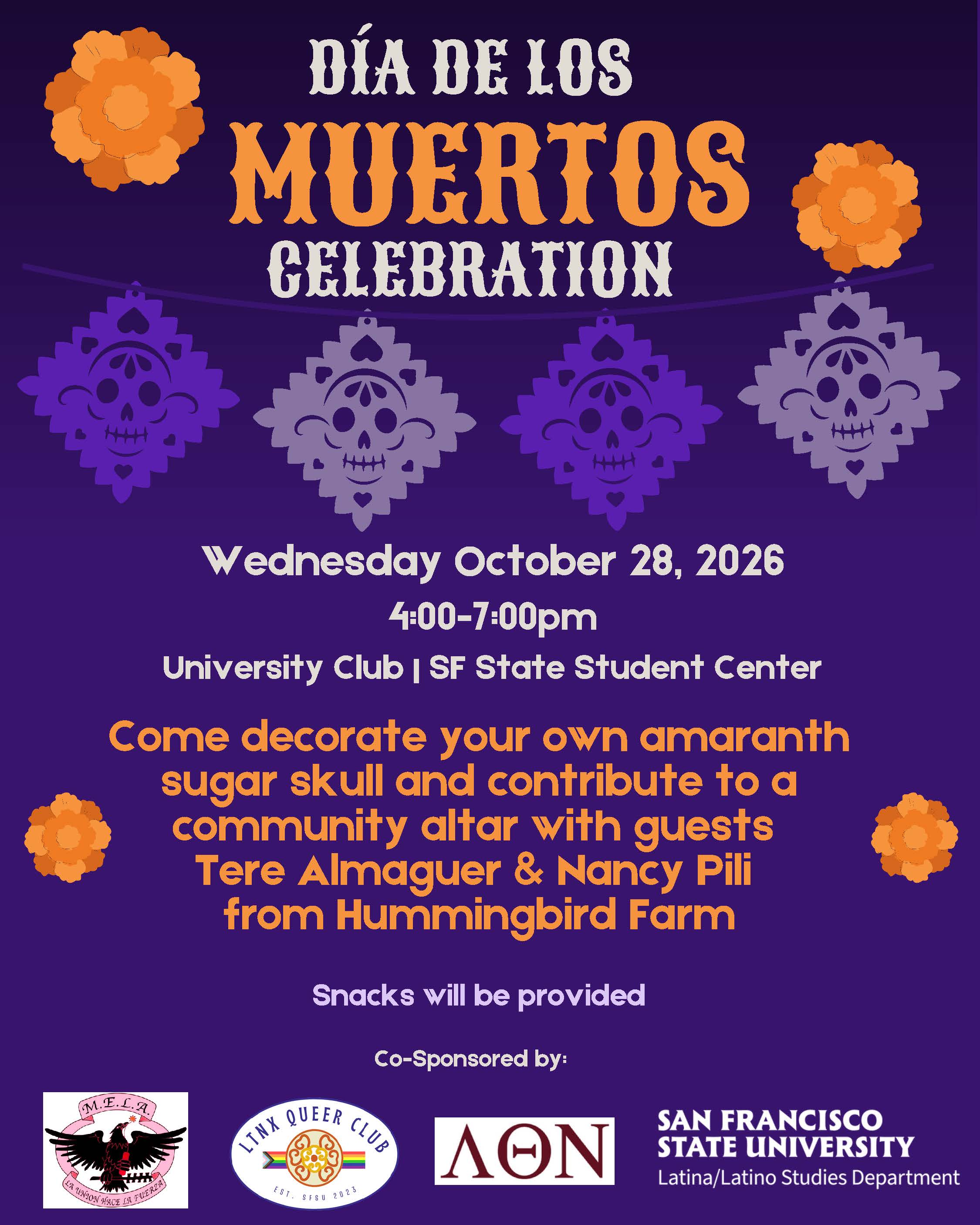 Flier for Day of the Dead Event on Wednesday, October 28, 2026 from 4 to 7 PM